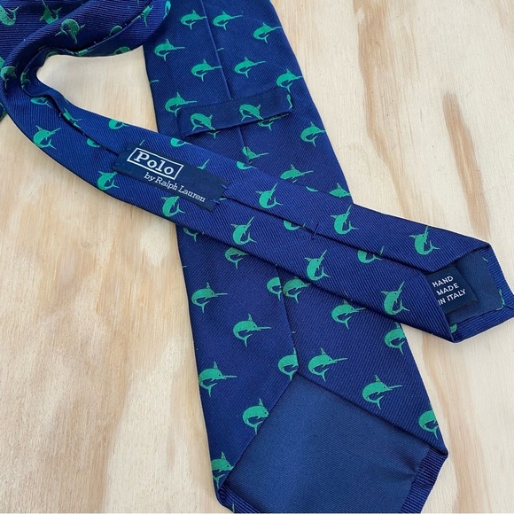 Vintage Polo Ralph Lauren Silk Necktie Marlin Motif Blue - Picture 3 of 3